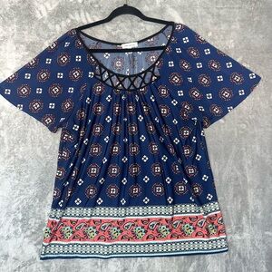 Faith and Joy by Monteau Boho Print Top 2X – Navy Coral Lattice Neck Blouse
